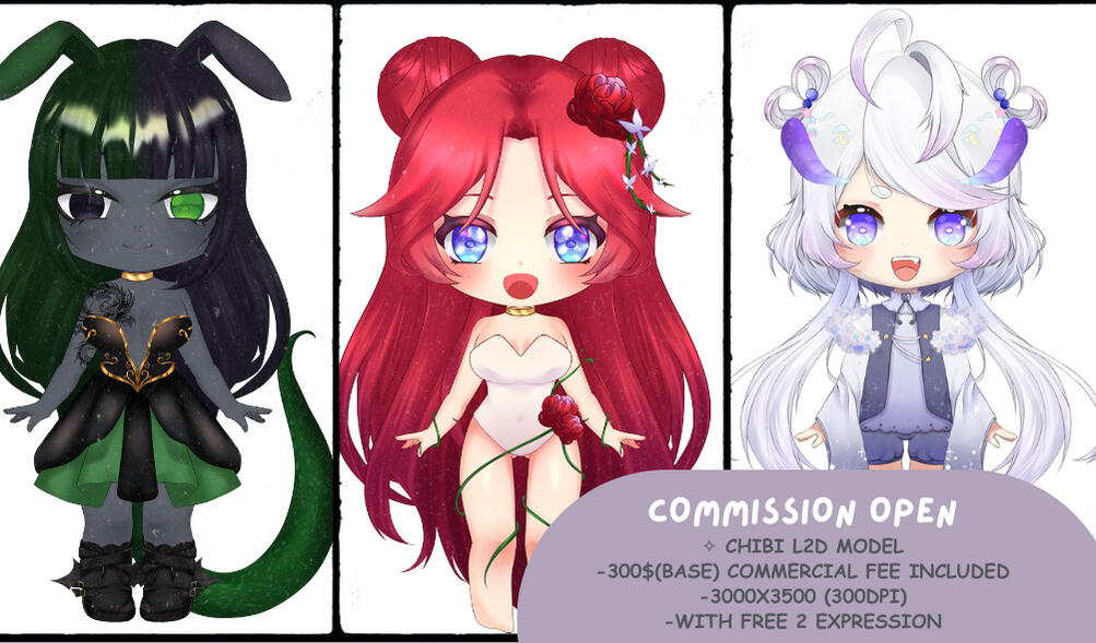 ✧ CHIBI L2D MODEL -150$ COMMERCIAL FEE INCLUDED -3000X3000 (300DPI) -WITH FREE 2 EXPRESSION ------------------------------------------------ ✧ FOR PNGTUBER -70$ WITH COMMERCIAL FEE - 2 FREE EXPRESSION (SAD,HAPPY,BLUSH) -------------------------------------